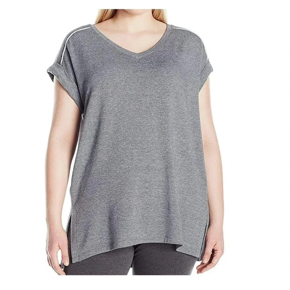 Calvin Klein French Terry V-Neck Tunic Shirt Gray Short Cuffed Sleeves Sz Medium